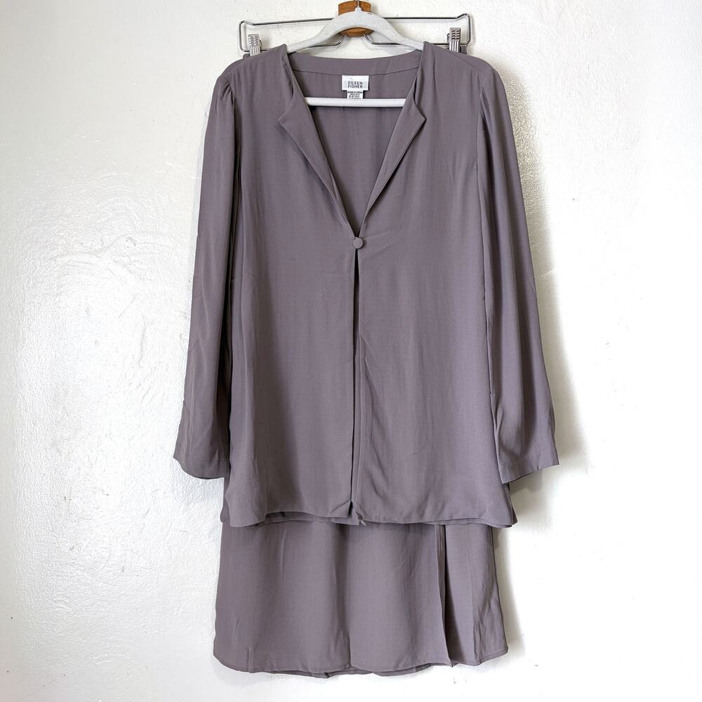 Eileen Fisher 100% Silk Blouse Midi Skirt 2 Piece Set Mauve Gray Size M